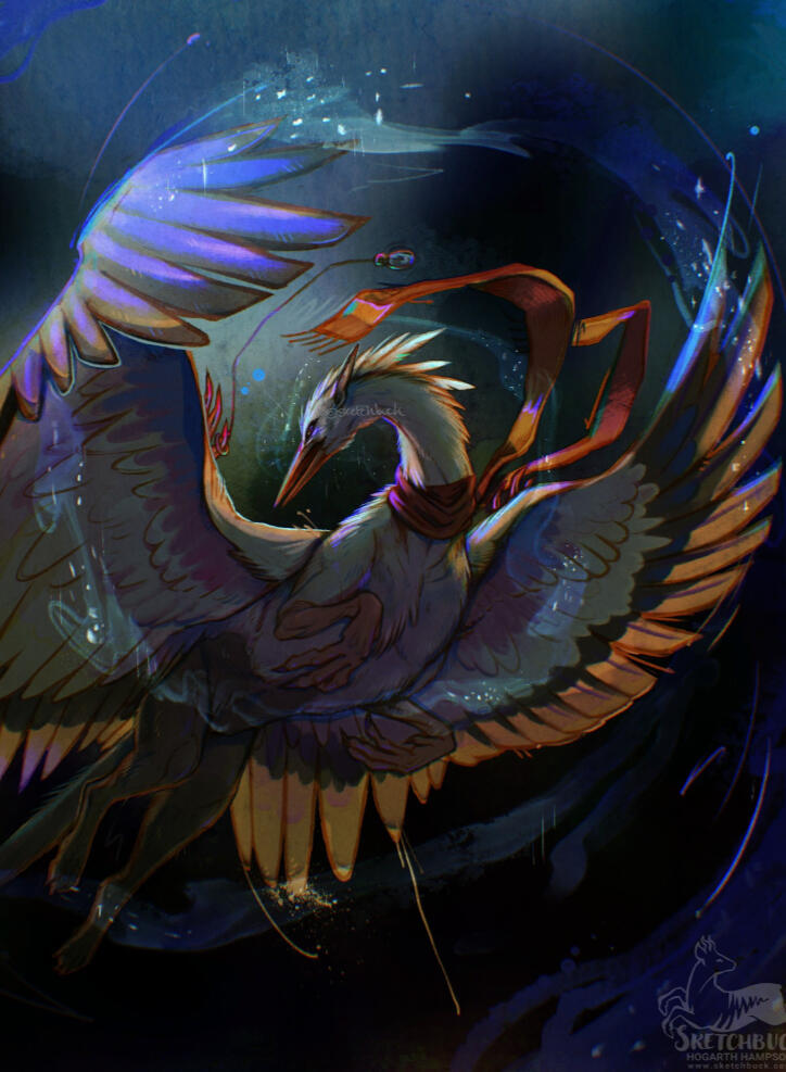 A white stork gryphon rears up against a stormy sky, with their wings spread around them, stirring up a magical snow spell.