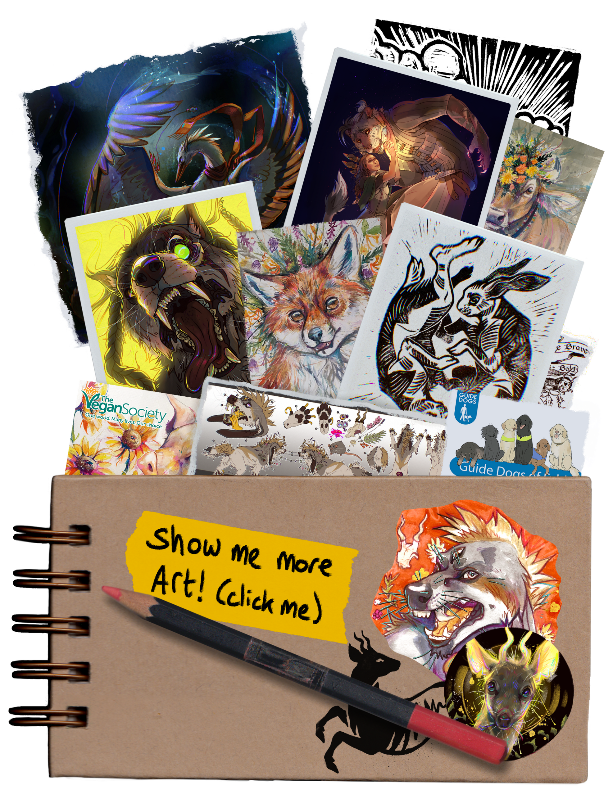 An image of a brown, ringbound sketchbook spilling images out, with stickers on the front of the book. The images are a mix of Sketchbuck's portfolio work, paintings, digital, and commercial work.