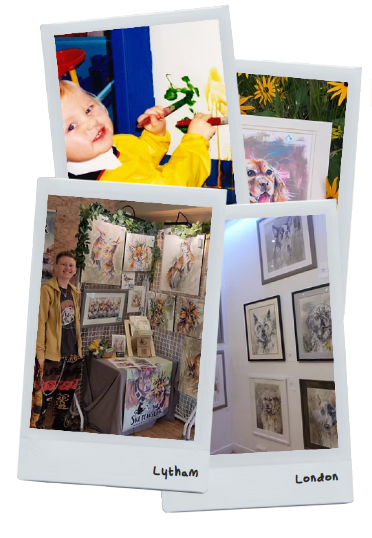 A collection of 4 instax instant photographs. The first is a photo of Hoggy in front of his fine art display. Behind to the left is a display from a London dog themed exhibition, Hoggy as a young child painting on an easel with both hands, and paint drippi